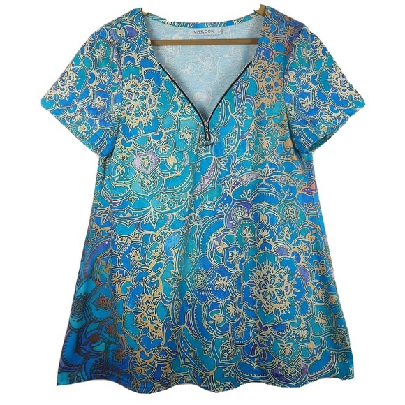 MissLook Tops - Misslook Women T Shirt Blue Floral Top Zip V Neck Short Sleeve Cotton Blend Sz S